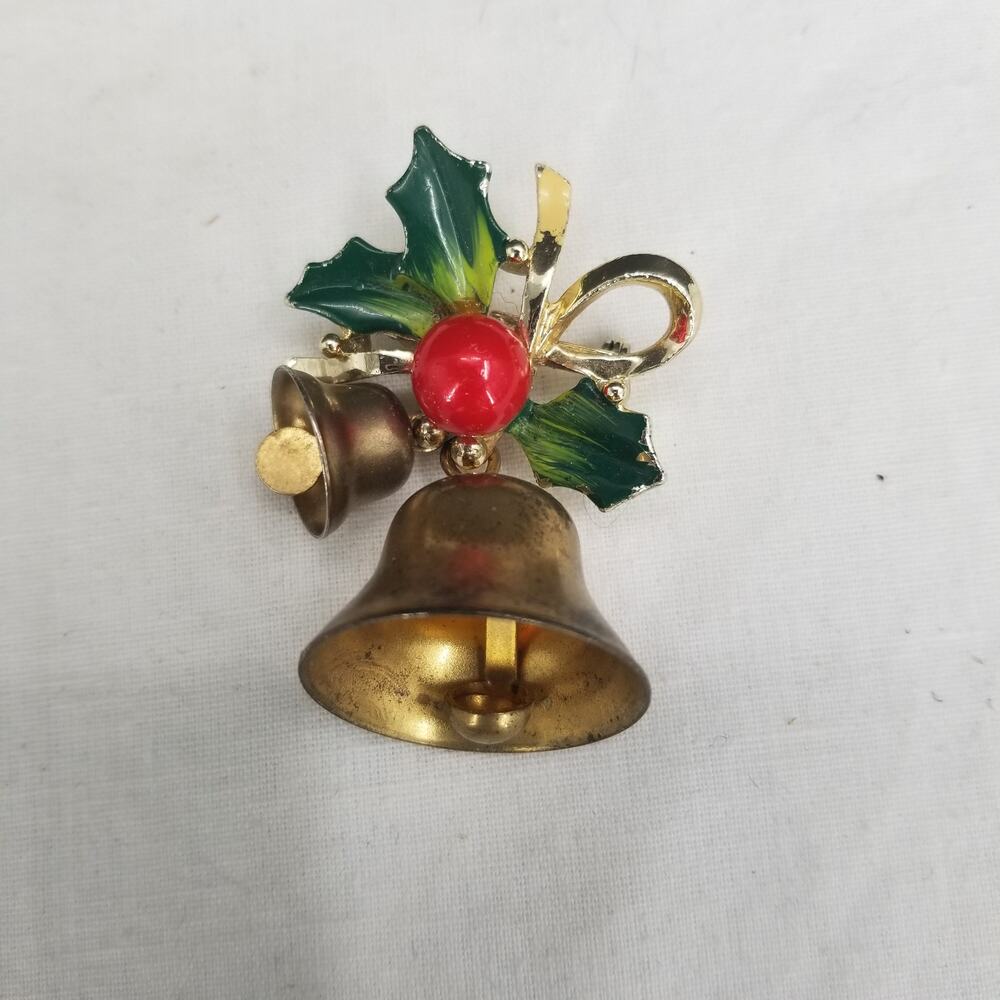 Vintage Christmas Bells Holly Brooch Enamel Metal Pin Working Jingle